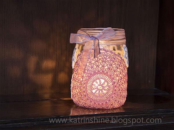 Candle Holder From Glass Jar And Doilies