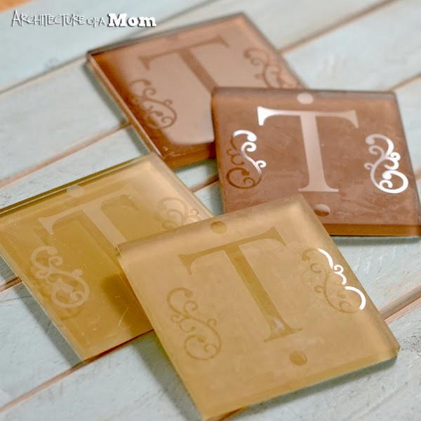 Etched Monogram Glass Tile Coasters