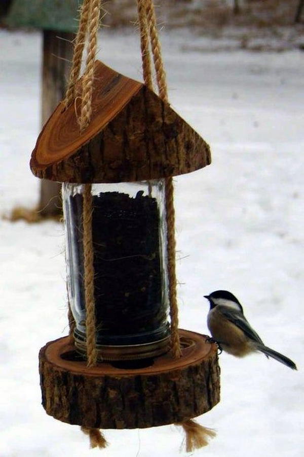 Mason Jar Log Bird Feeder