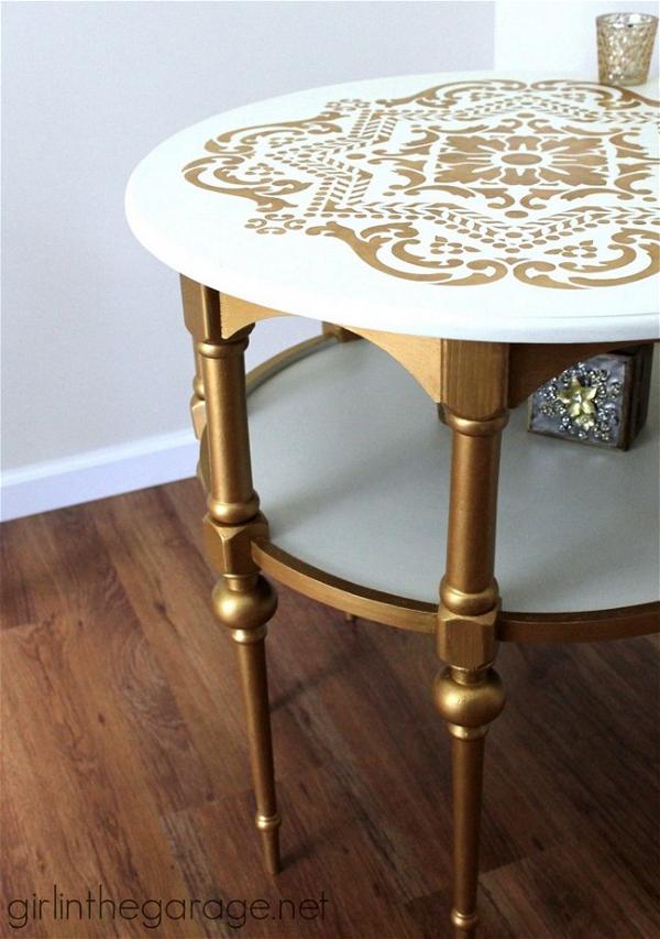 Gold And White Stenciled Table 