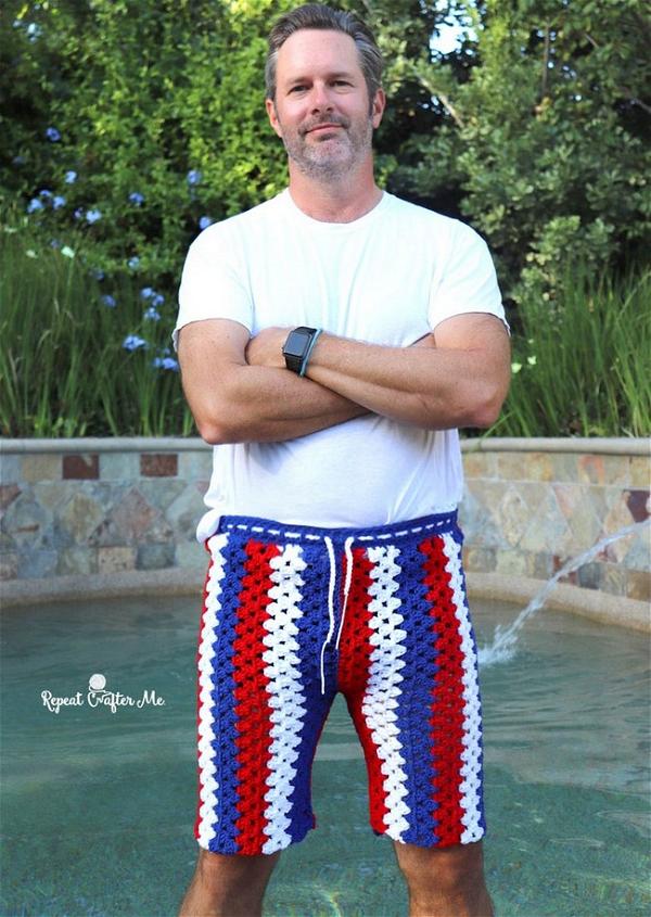 Crochet Granny Stripe Shorts For Men Pattern