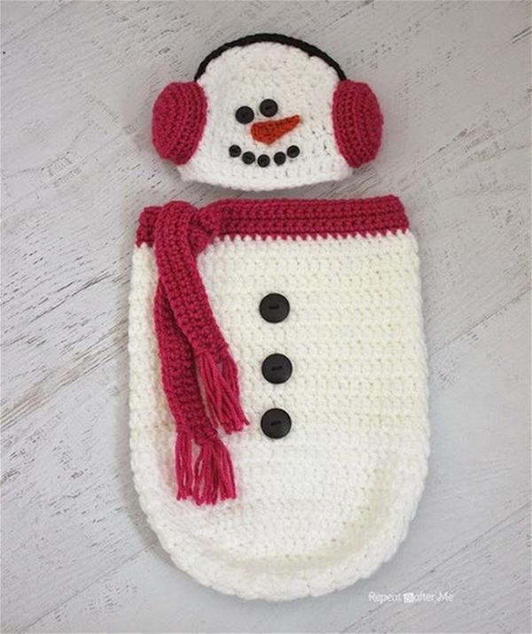 Crochet Snowman Ear Muff Hat and Cocoon