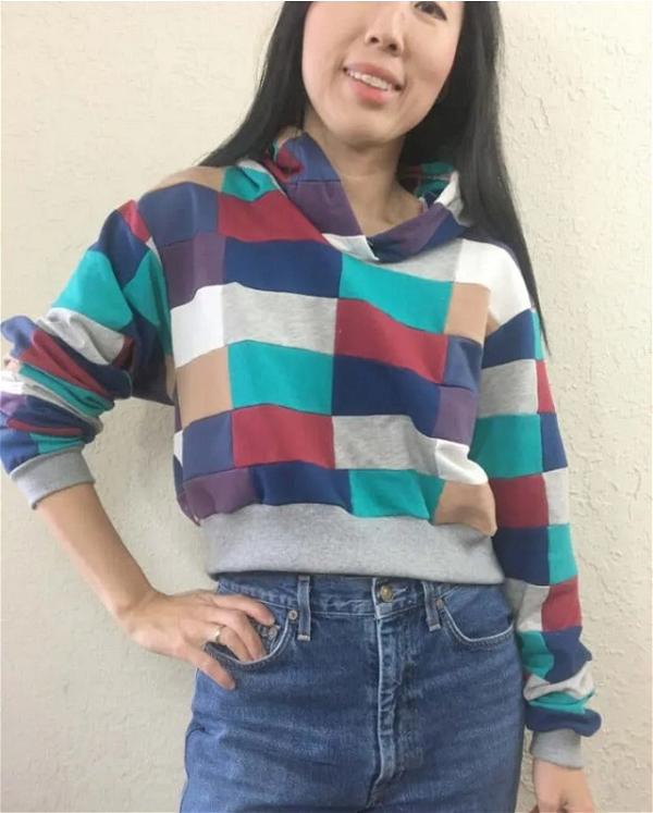 DIY Patchwork Cropped Hoodie Sweatshirt 