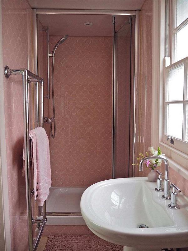 DIY Scalloped Pink Shower Wall