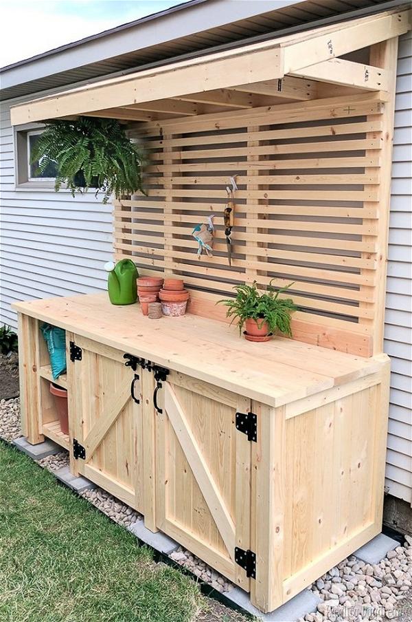 Potting Bench With Hidden Garbage Can Enclosure