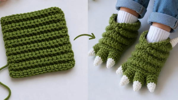 Monster slippers made from just one knitted square 2