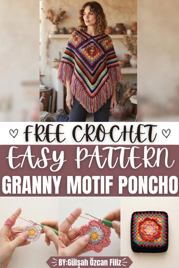 Crochet Granny Motif Poncho with Tassels