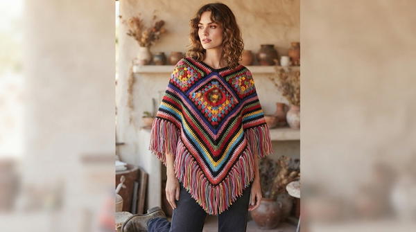 Crochet Granny Motif Poncho with Tassels