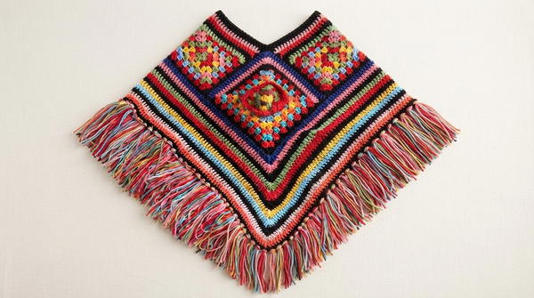 Crochet Granny Motif Poncho with Tassels