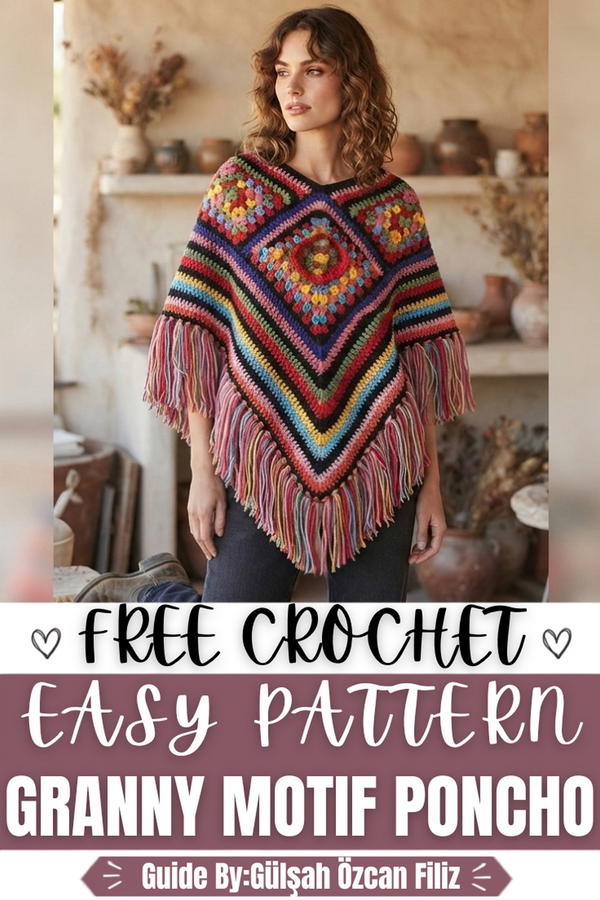 Crochet Granny Motif Poncho with Tassels