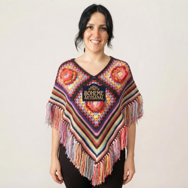 Crochet Granny Motif Poncho with Tassels