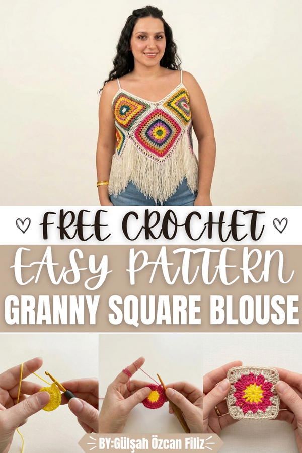 Crochet Granny Square Blouse with Tassels