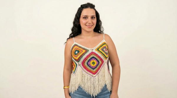 Crochet Granny Square Blouse with Tassels