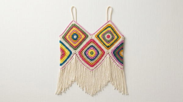 Crochet Granny Square Blouse with Tassels