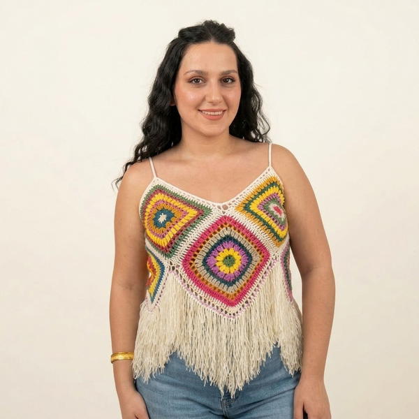 Crochet Granny Square Blouse with Tassels