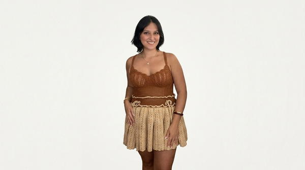 Crochet Ruffled Mini Dress with Flared Skirt and Ribbon Tie