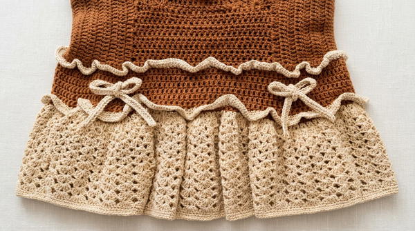 Crochet Ruffled Mini Dress with Flared Skirt and Ribbon Tie