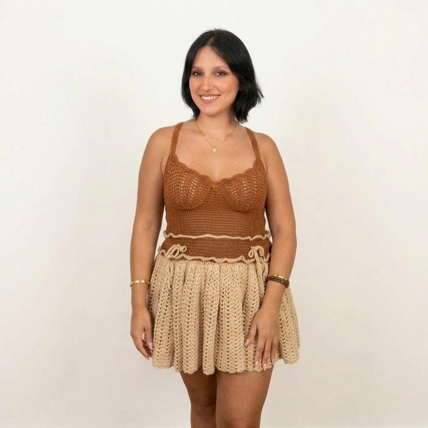 Crochet Ruffled Mini Dress with Flared Skirt and Ribbon Tie