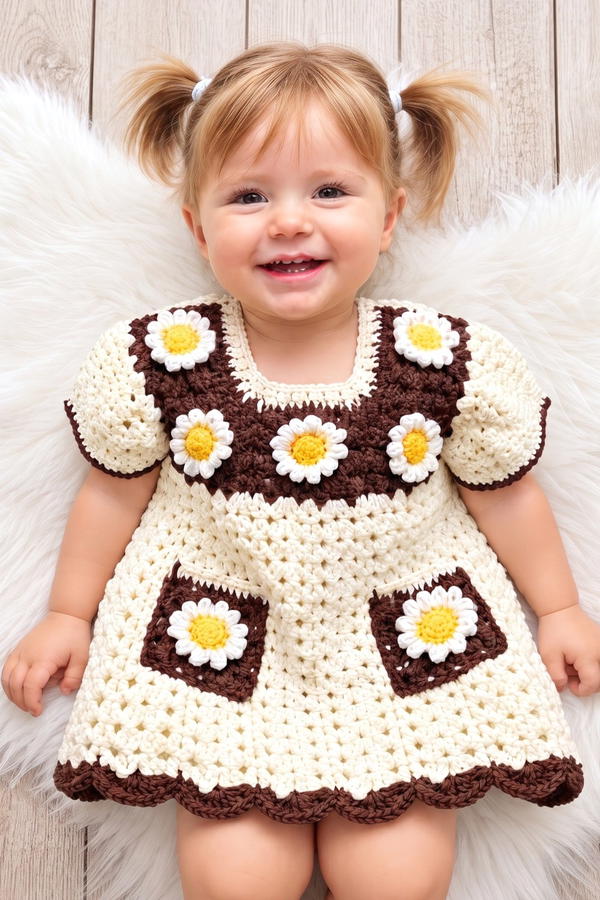 How to Crochet a Lovely Daisy Motif Baby Dress _ Beautiful Floral Dress Tutorial (3)