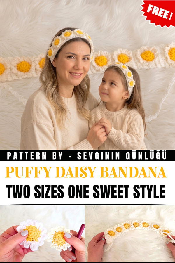 So Pretty! Puffy Daisy Mother-Daughter Crochet Bandana Set You’ll Love (1)