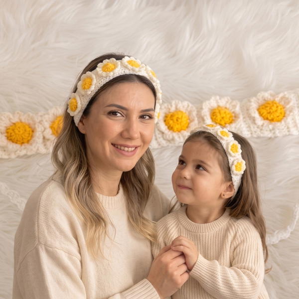 So Pretty! Puffy Daisy Mother-Daughter Crochet Bandana Set You’ll Love (4)
